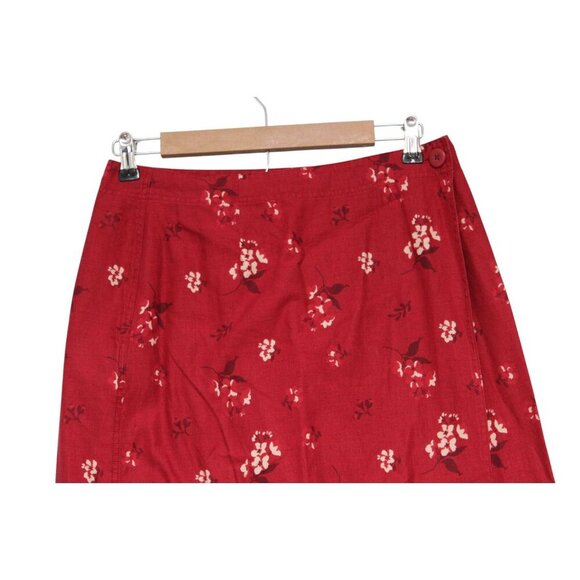 Eddie Bauer Maxi Wrap Skirt Size 8 Linen Cotton Red Floral Lightweight Boho - Picture 2 of 11
